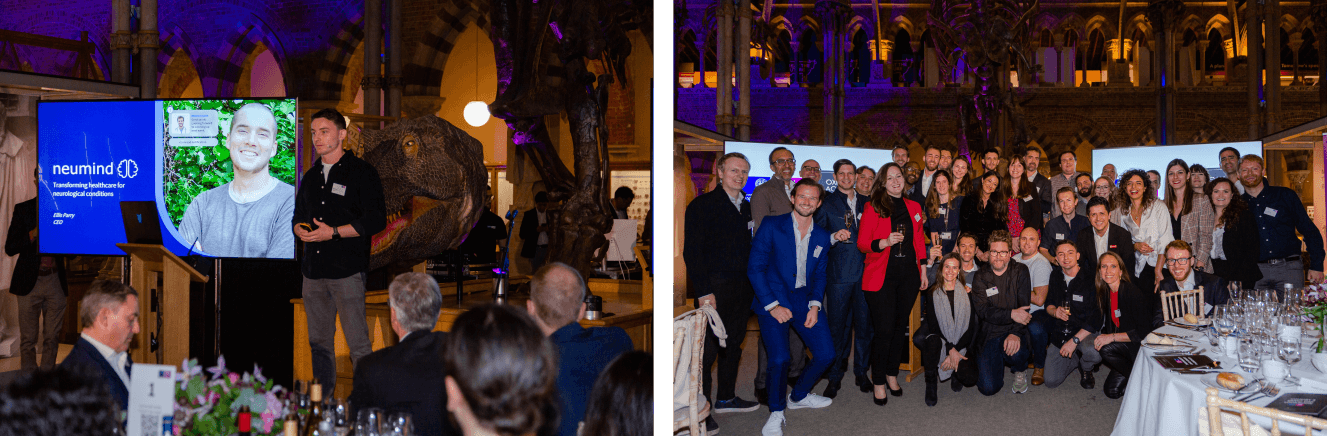 Two images showing OXFO Elevate Demo Day 2021. Image on the right is of Ellis delivering his pitch and the image on the right is of the 2021 Elevate Cohort and OXFO team.